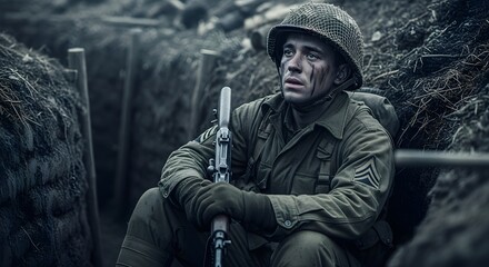 Fototapeta premium Soldier in Trench Wearing Helmet and Uniform Resting in War Zone