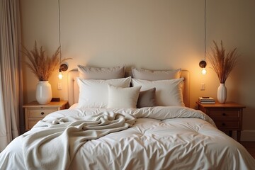 A cozy bedroom with soft bedding and warm lighting, styled for home or lifestyle ads