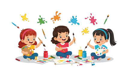 Fototapeta premium Three happy children painting together, surrounded by colorful paint splatters and art supplies.