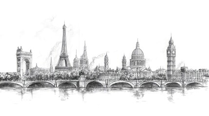 Sketches of famous landmarks drawn in pen or pencil with architectural accuracy and artistic flair representing global travel destinations in educational or decorative use.