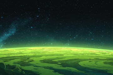 Vast green planet, starlit space