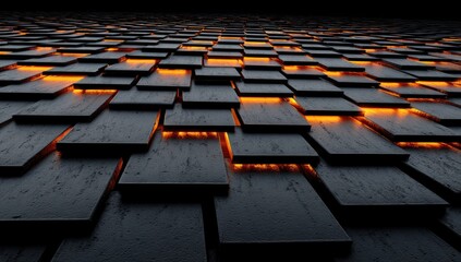 Dark, repeating, square tiles with glowing orange accents