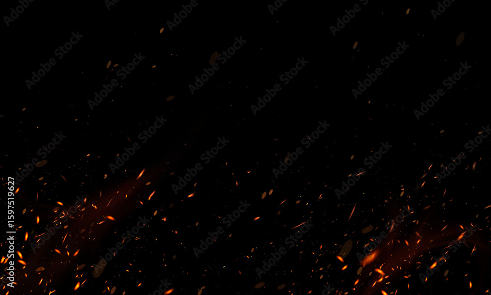 Poster falling sparks and glowing particles on a black background with a heat effect. suitable for depictin