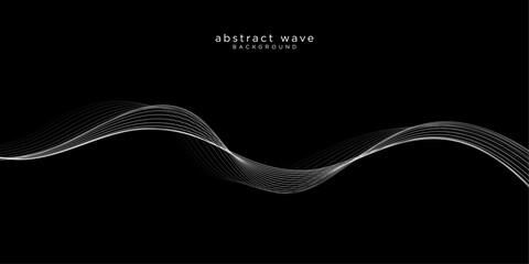 Wave lines smooth flowing dynamic white gradient isolated on black background. Suit for poster, banner, website, technology, digital, communication, science. Vector ilustration