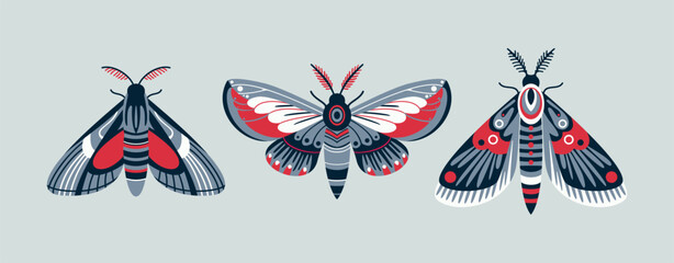 Elegant Moths in Red, White and Blue – Stylized Vector Illustration