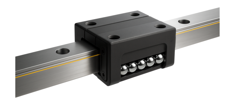 Wide linear guide with a double row of ball bearings for enhanced stability in a woodworking shop.