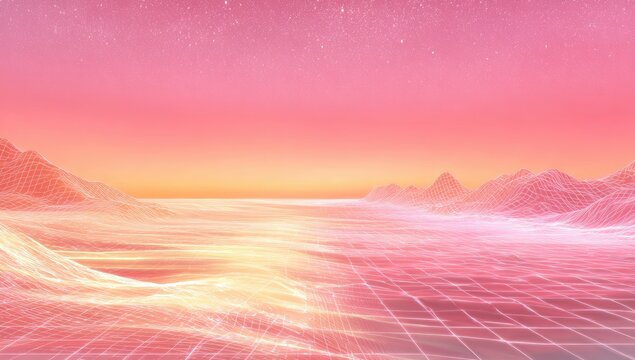 Pink digital landscape, wireframe mountains, glowing grid