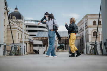 A group of friends gathers on a modern bridge in an urban setting, enjoying laughter and connection...