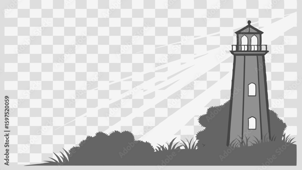 Poster vector lighthouse silhouette with rays of light shining through transparent background, creating ser