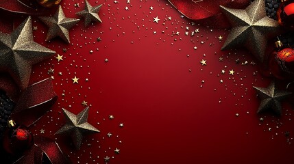 Glittering stars and ribbons on red background christmas gold