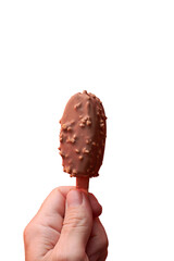Chocolate ice cream bar with nuts coating on a stick isolated on transparent background.