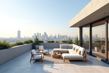 A minimalist rooftop terrace with city views and modern furniture, ideal for real estate or lifestyle ads
