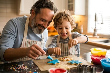 Happy father and son decorating cookies together in the kitchen, creating sweet treats and sharing joyful bonding moments.