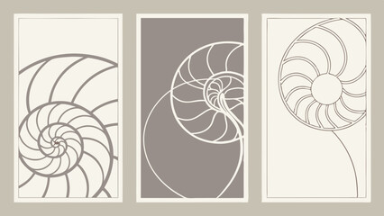 Vector Minimalist triptych featuring abstract spiral designs neutral tones, evoking calmness