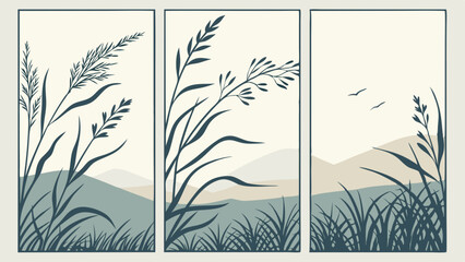 Vector Triptych of abstract art featuring muted beige and green tones, showcasing serene nature