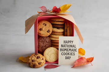 Freshly baked homemade cookies celebrate National Homemade Cookies Day with a pink gift box and autumn leaves on a light grey background.