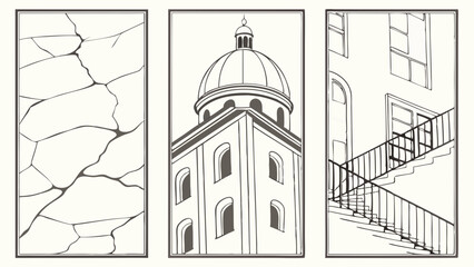 Vector Cracked wall, architectural dome, staircase design