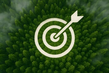 Aerial view of white target symbol with arrow embedded in dense green forest representing sustainability and environmental precision