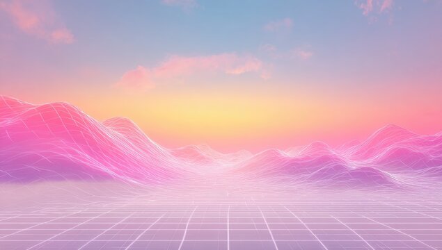 Pastel pink/orange digital landscape. Gridded, wireframe mountains - Powered by Adobe