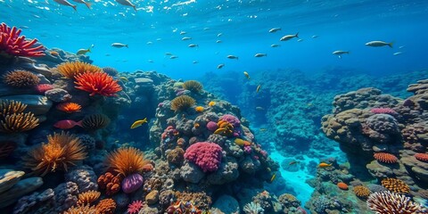 Fototapeta premium Vibrant coral reef teeming with diverse marine life, sunlit shallows, algae, marine biology