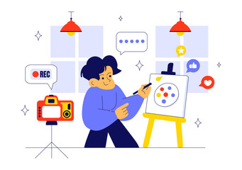 Daily Vlog Vector Illustration Featuring an Influencer Browsing Social Networks with Live Streaming of Various Activities in a Lifestyle Background