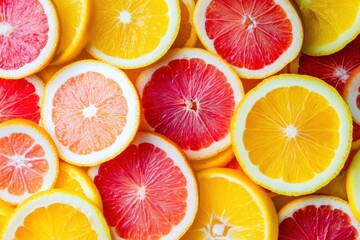 Fototapeta premium Colorful Citrus Fruits Background Featuring Grapefruit, Orange, and Lemon Slices for a Refreshing Theme
