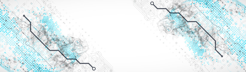 Abstract technology concept. Used blue squares, tech lines and plexus effect. Vector illustration.