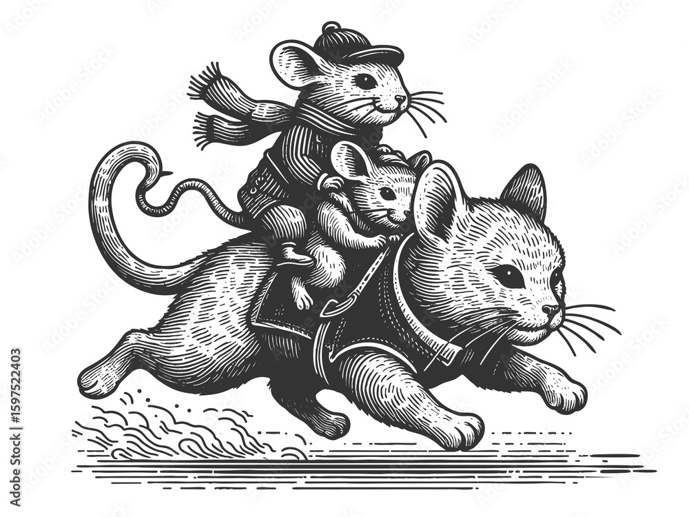 Poster mouse riding a galloping cat like a horse sketch engraving generative ai fictional character raster 