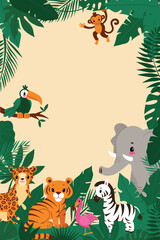 Banner with cute African animals and tropical leaves.Frame and template. Kids' decor, invitations, and nursery art. Vector cartoon flat illustration