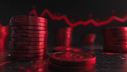Stacked red coins against a backdrop of a downward trending chart