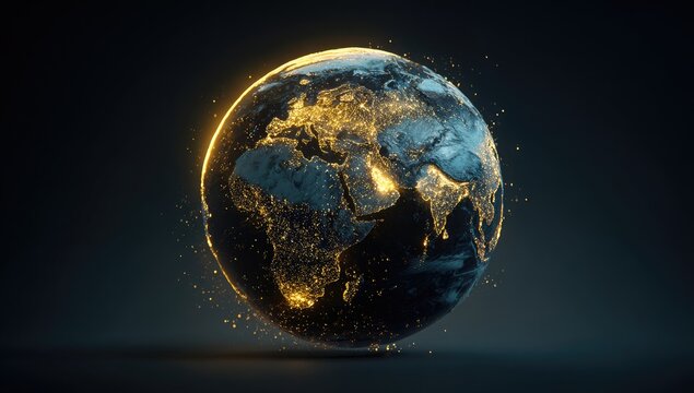 Globed Earth, illuminated by golden light, showing continents and city lights