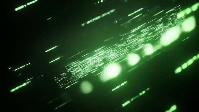 Diagonal streaks of green light and particles move across a dark background.