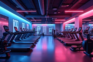 A vibrant gym with modern equipment and dynamic lighting, styled for fitness or health ads