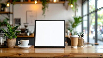 Artistic Coffee Shop with Blank Mockup Frame on Wooden Counter, Perfect for Menu Presentation, Branding, and Promotional Poster in a Chic, Contemporary Café Space
