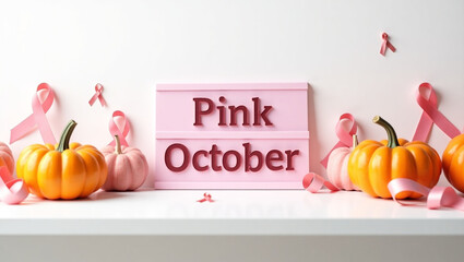 A pink october sign is surrounded by pink ribbons and pumpkins, symbolizing breast cancer awareness on a white shelf