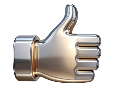 3D Thumbs Up Like Icon with Metallic Finish and Reflective Surface on png
