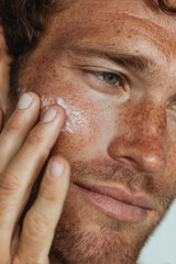 Fototapeta premium Young man with freckles applying cream on face, daily man skincare routine