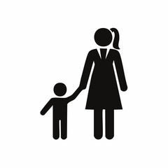 Black and white silhouette vector of a parent holding a child’s hand, minimal icon for family area or family restroom