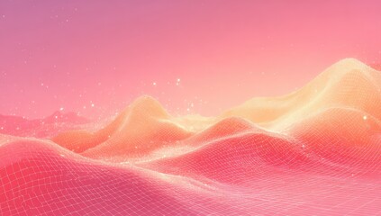 Abstract digital landscape, soft pink and orange hues, mesh grid