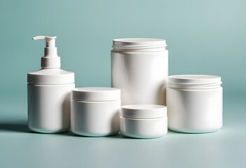 Digitally rendered isolated collection of unbranded white cosmetic packaging, showcasing diverse pump bottles and round cream jars, an ideal AI-generated asset for virtual product showcases and market