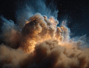 Cosmic explosion of smoke and light against a starry night