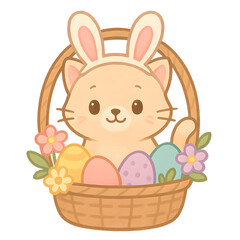 Adorable cartoon kitten wearing bunny ears sitting in an Easter basket with colorful eggs and spring flowers on dark background.
