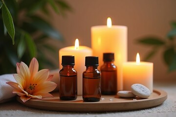 A serene spa setting with candles and essential oils, styled for wellness or relaxation ads