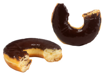 side and front view of chocolate donuts with bites taken out on transparent background
