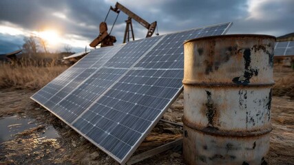 Solar panel is next to a rusty barrel. The barrel has a lot of rust on it. cracked oil barrel morphing into blooming solar panel, strong contrast lighting, sustainable energy stocks - Powered by Adobe