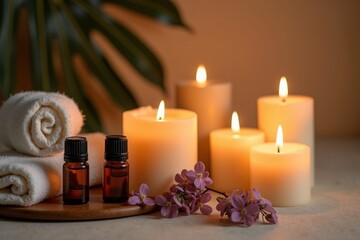A serene spa setting with candles and essential oils, styled for wellness or relaxation ads