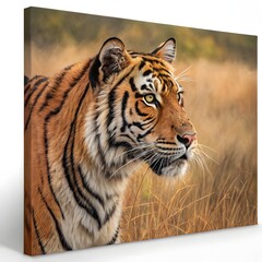 Close up of a tiger canvas print with a blurred background of tall grass and foliage behind it