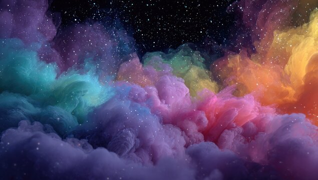 Abstract swirling clouds of vibrant color, resembling smoke or nebulae, against a dark night sky scattered with glittering specks