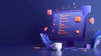 Minimalist 3D illustration of a stylized computer