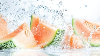 Fototapeta premium Refreshing Melon Splash: Water cascades around sliced cantaloupe melon, capturing the essence of summer refreshment and the natural beauty of the fruit.